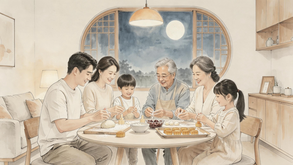 中秋家人赏月制作月饼儿童画人物插画