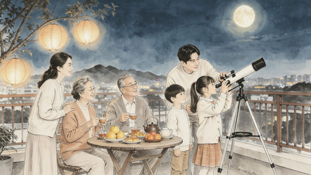 中秋家庭聚会水墨风人物插画