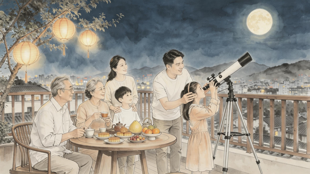 中秋家庭聚会水墨风人物插画