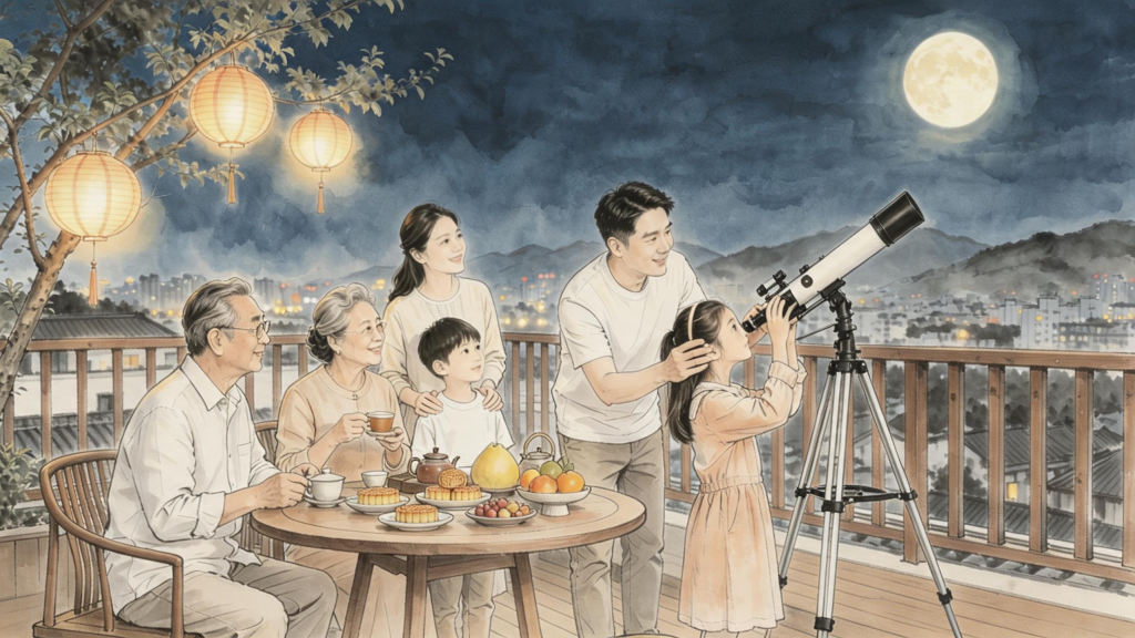 家人团圆中秋水墨风人物插画