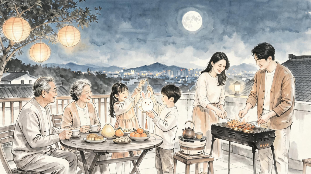 家人团圆中秋水墨风人物插画