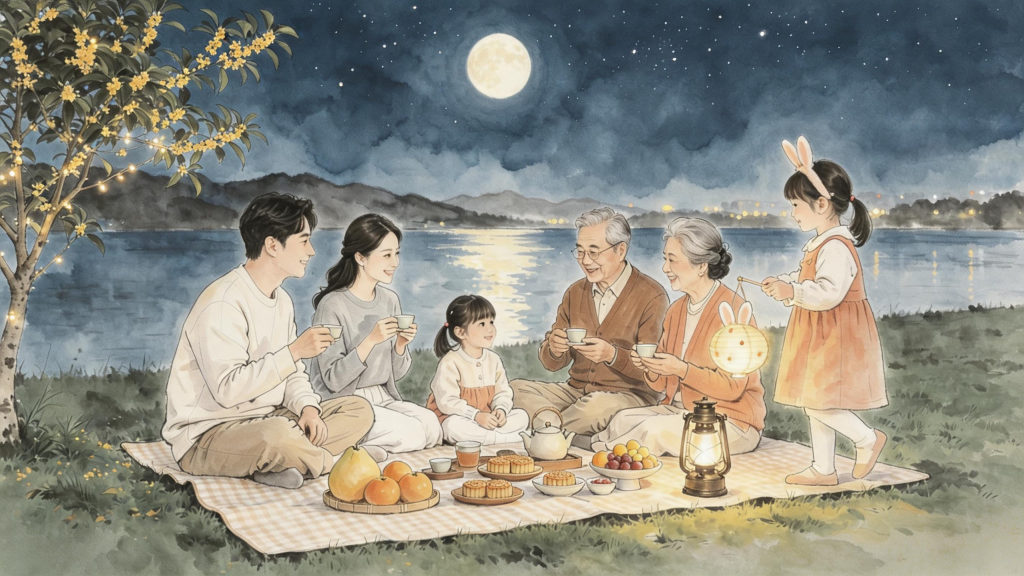 家人团圆中秋水墨风人物插画