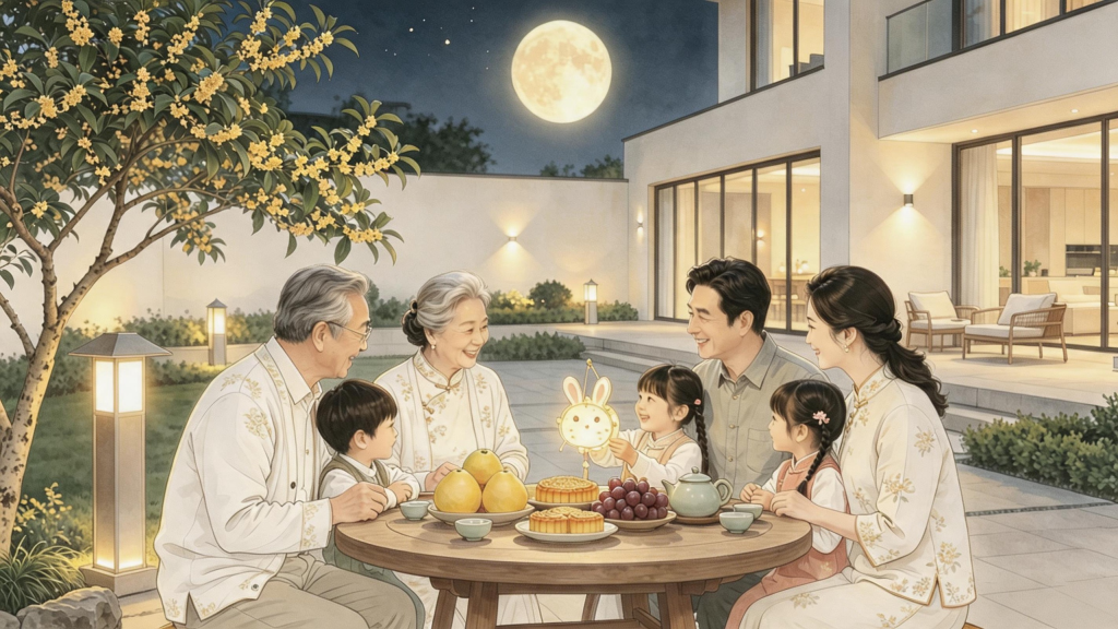 家人团圆中秋水墨风人物插画
