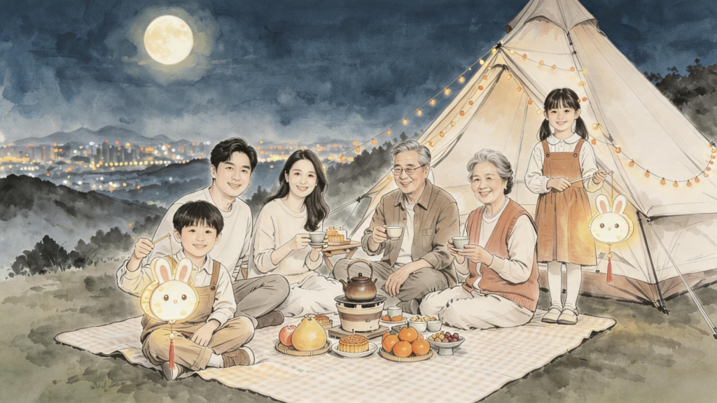 家人团圆中秋水墨风人物插画