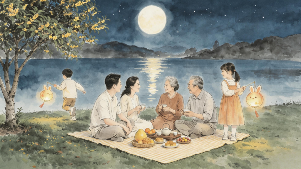 家人团圆中秋水墨风人物插画
