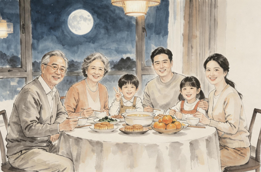 家人团圆中秋水墨风人物插画