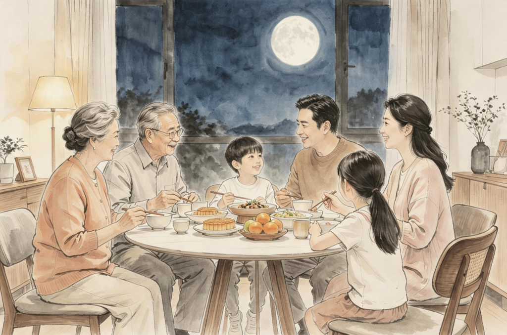 家人团圆中秋水墨风人物插画