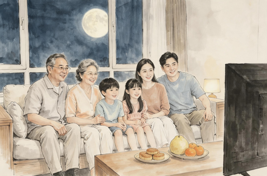 家人团圆中秋水墨风人物插画