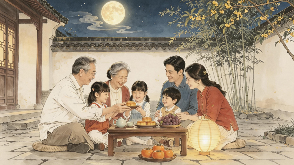 家人团圆中秋水墨风人物插画