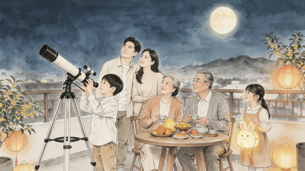 家人团圆中秋水墨风人物插画