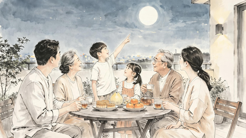 家人团圆中秋水墨风人物插画