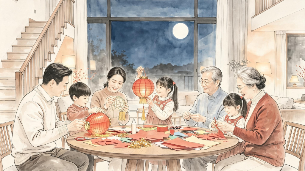 中秋团圆水墨风人物插画