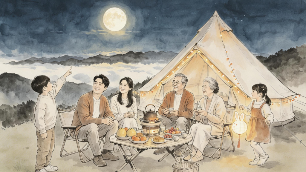 中秋团圆水墨风人物插画