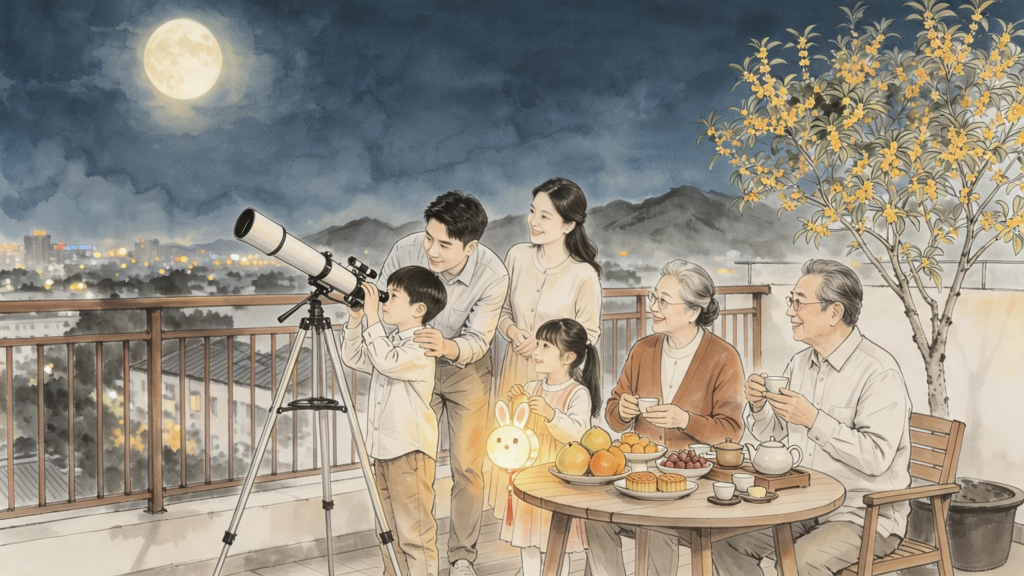 中秋团圆水墨风人物插画