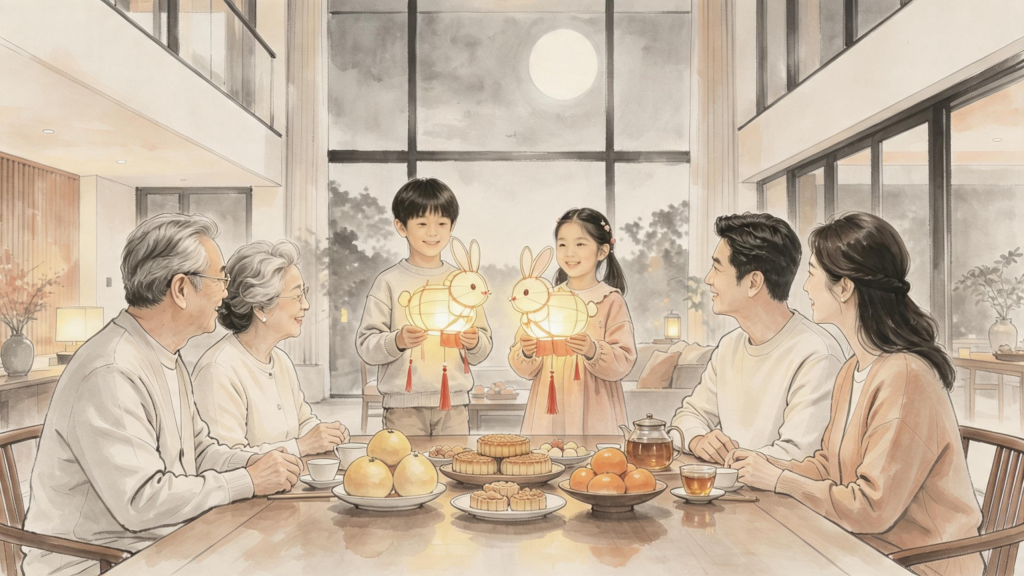 中秋团圆水墨风人物插画