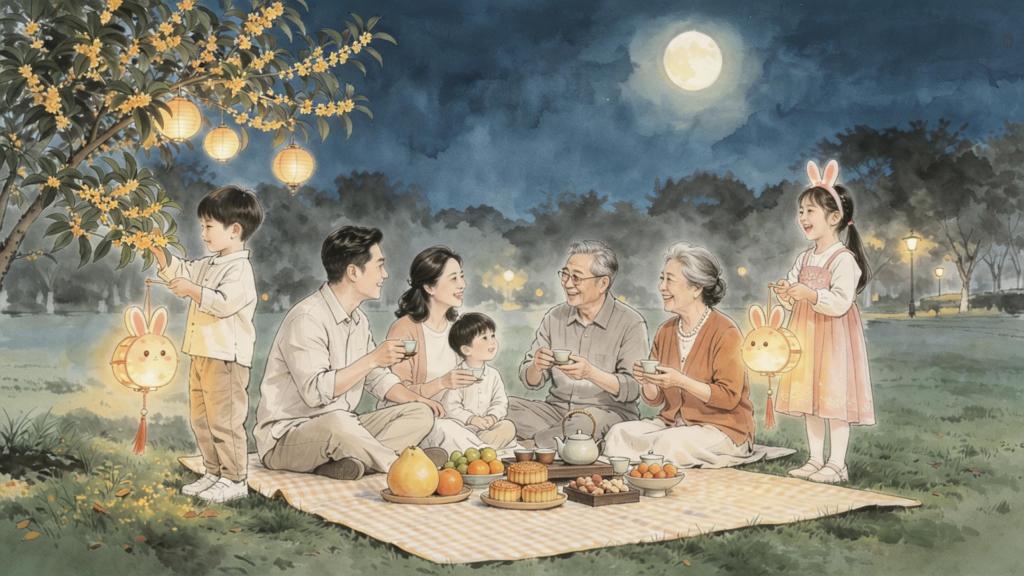 中秋团圆水墨风人物插画