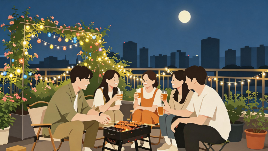 中秋朋友聚会人物插画