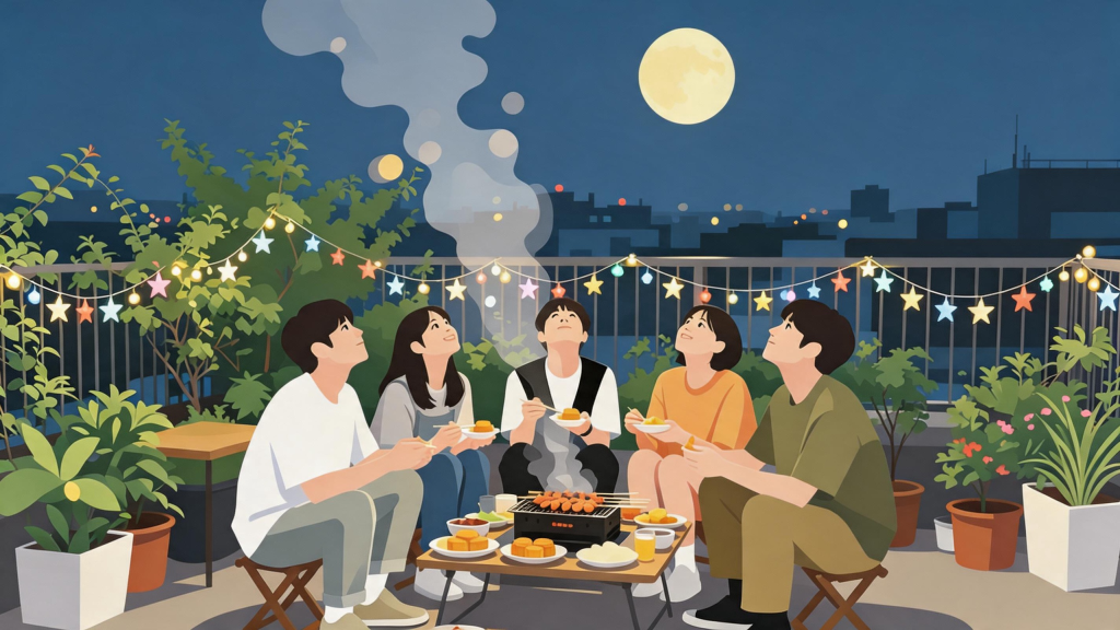 中秋朋友聚会人物插画