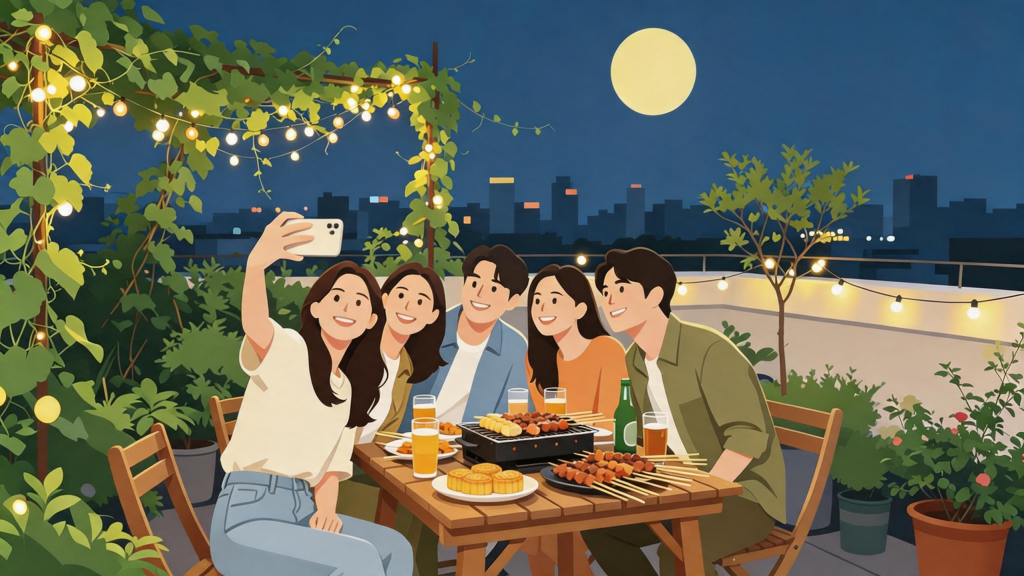 中秋朋友聚会人物插画