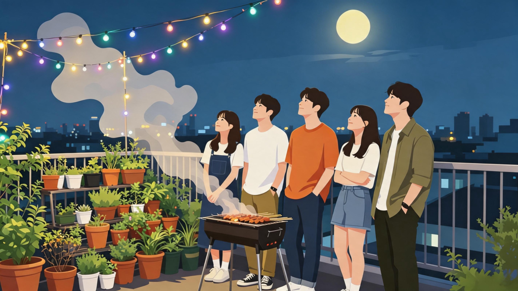 中秋朋友聚会人物插画
