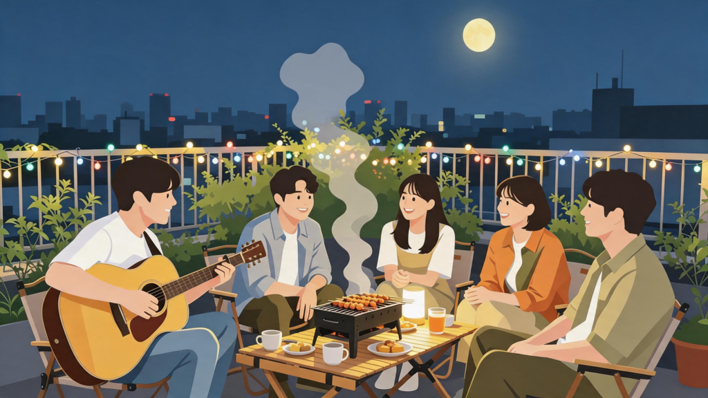 中秋朋友聚会人物插画