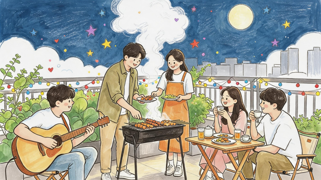中秋朋友聚会人物插画