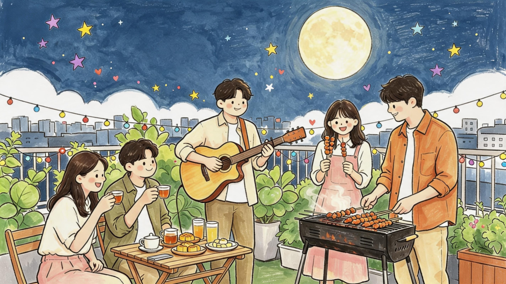中秋朋友聚会人物插画