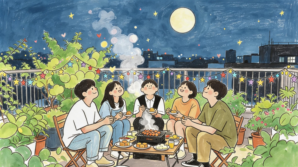 中秋朋友聚会人物插画