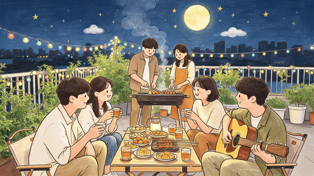 中秋朋友聚会人物插画