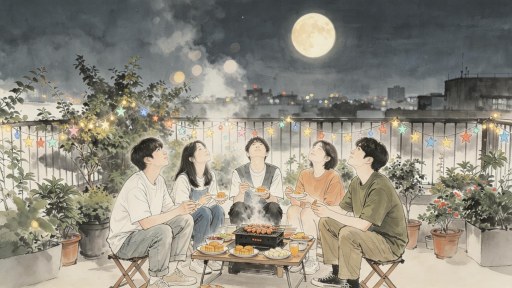 中秋朋友聚会人物插画