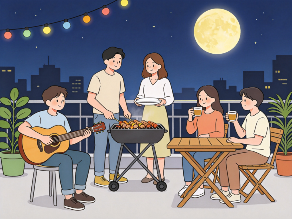 中秋朋友聚会人物插画