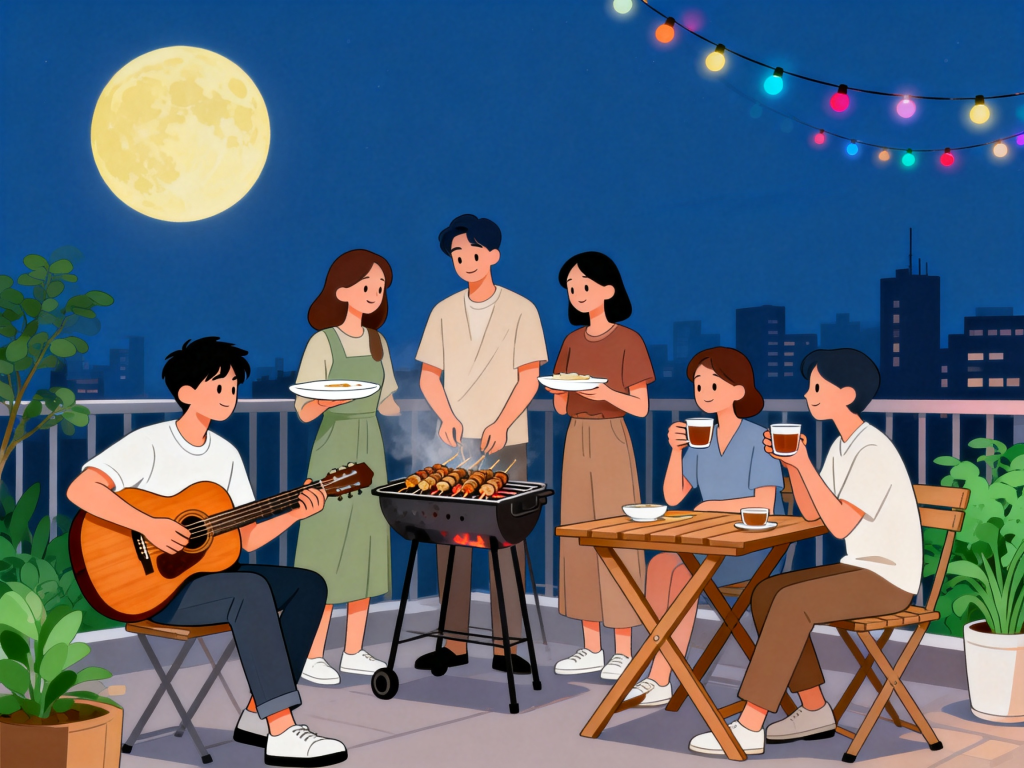 中秋朋友聚会人物插画