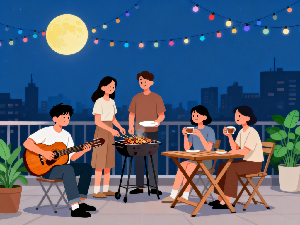 中秋好友聚会人物插画
