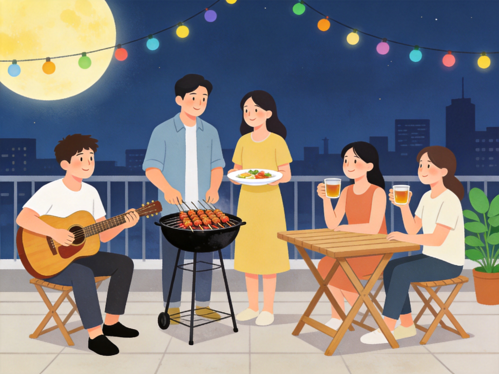 中秋好友聚会人物插画
