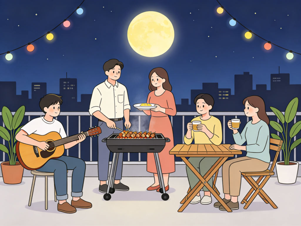 中秋好友聚会人物插画