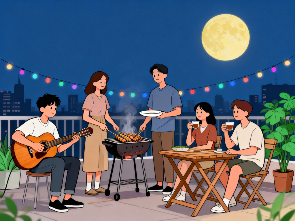 中秋好友聚会人物插画
