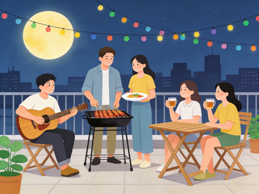 中秋好友聚会人物插画