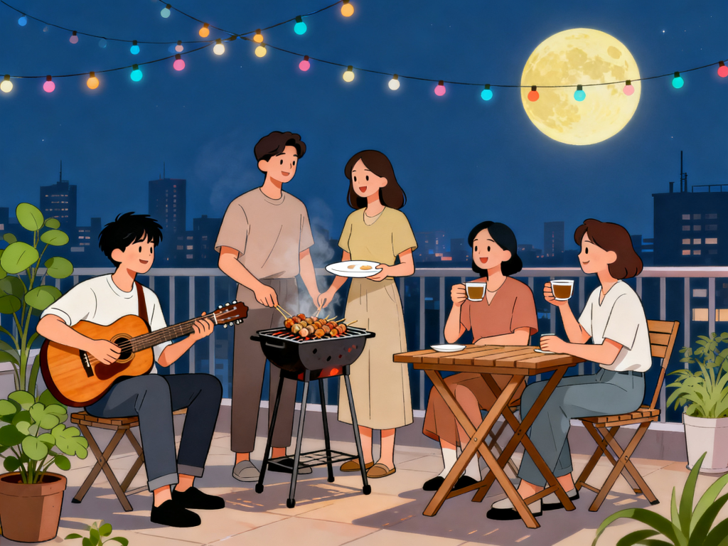 中秋好友聚会人物插画