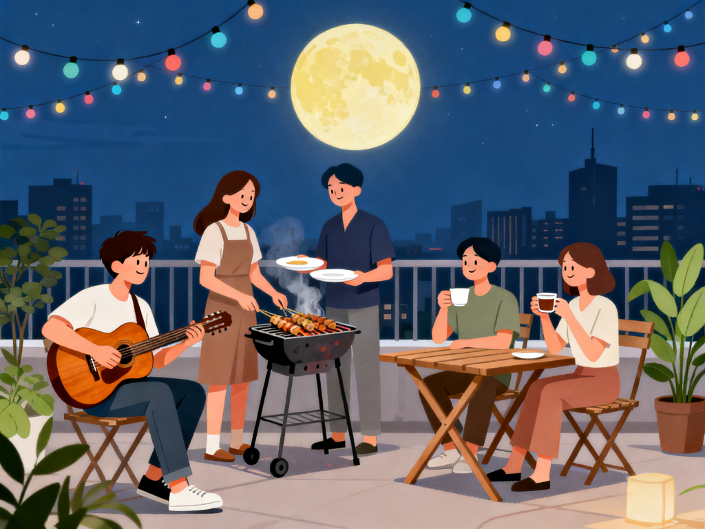 中秋好友聚会人物插画