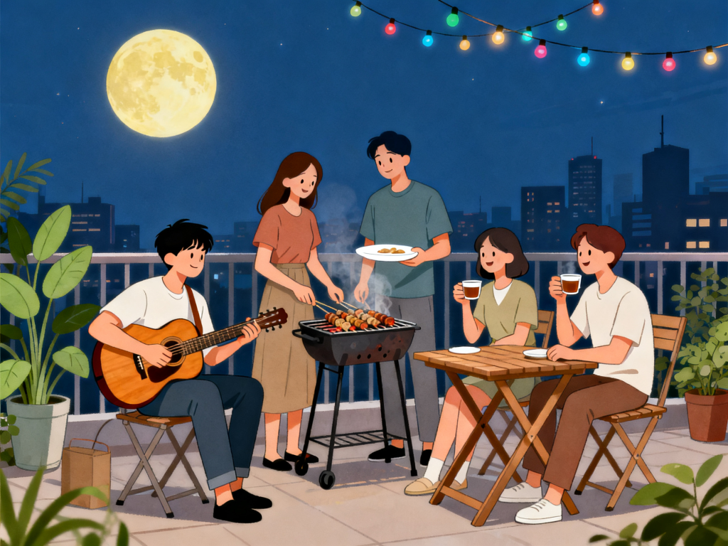 中秋好友聚会人物插画