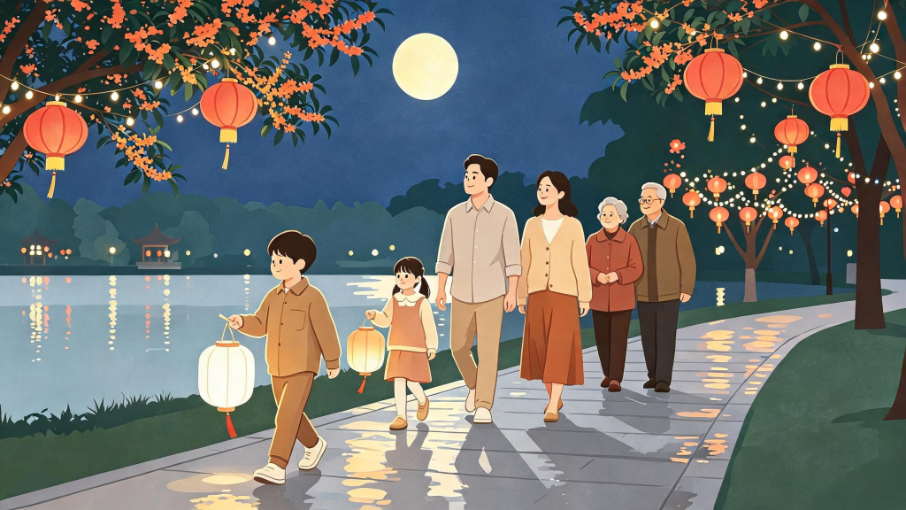 中秋家庭聚会扁平化人物插画