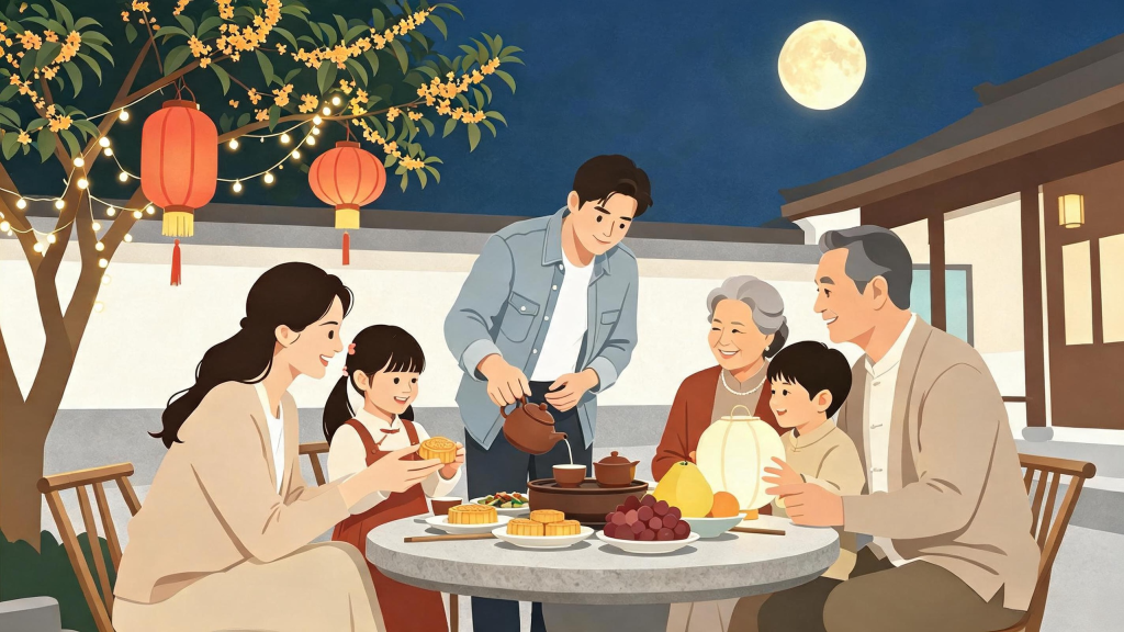 中秋家庭聚会赏月喝茶扁平化人物插画