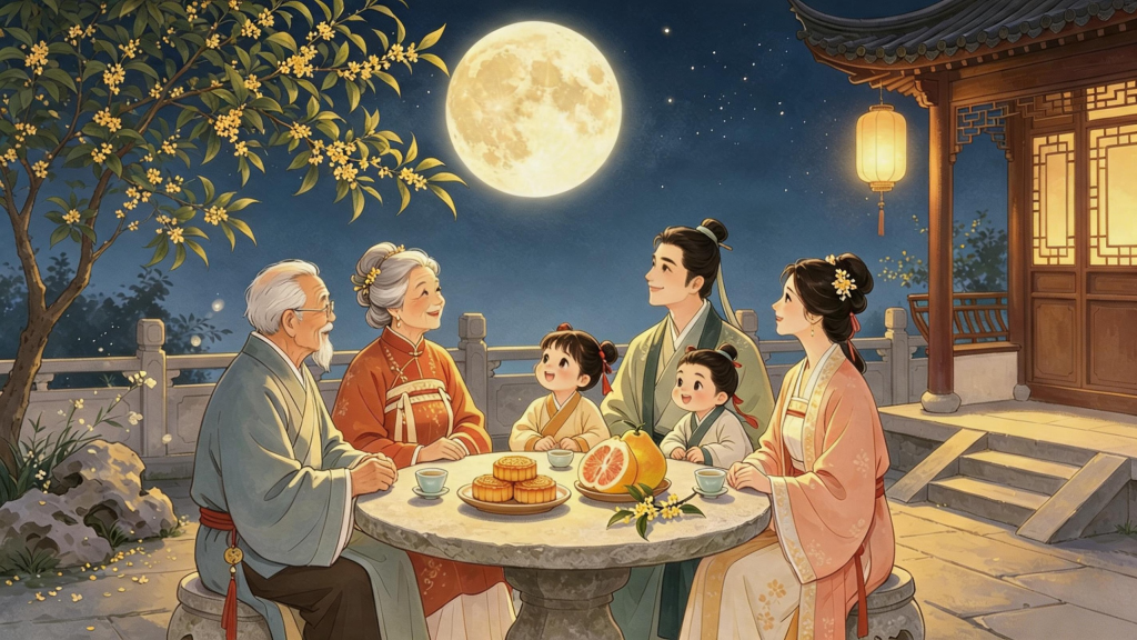 中秋家庭聚会儿童画人物插画