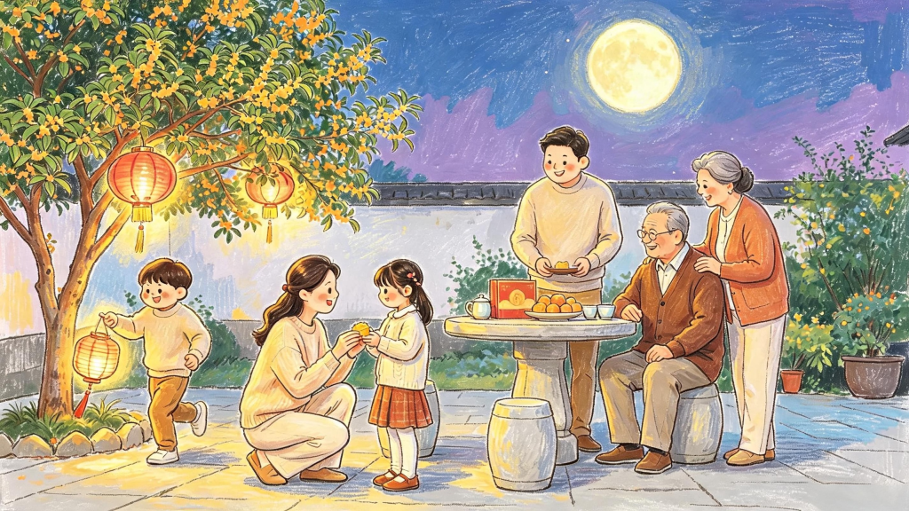 中秋家庭聚会儿童画人物插画