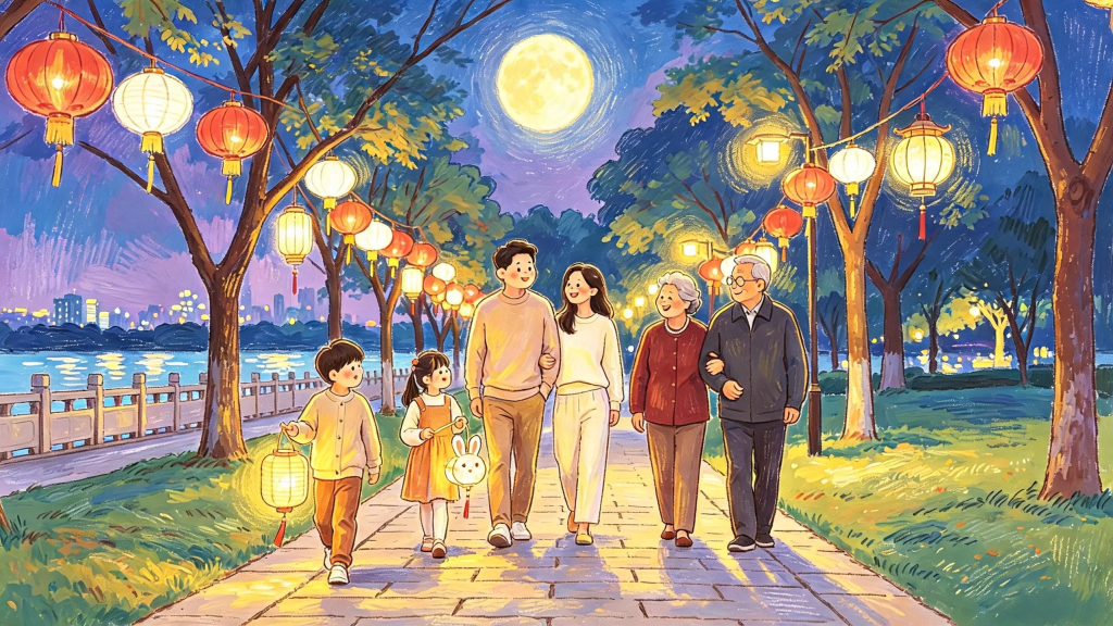 中秋灯会兔子灯中秋节市集亲子儿童人物插画