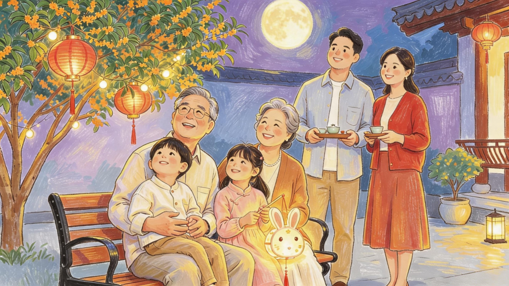 中秋家庭聚会儿童画人物插画