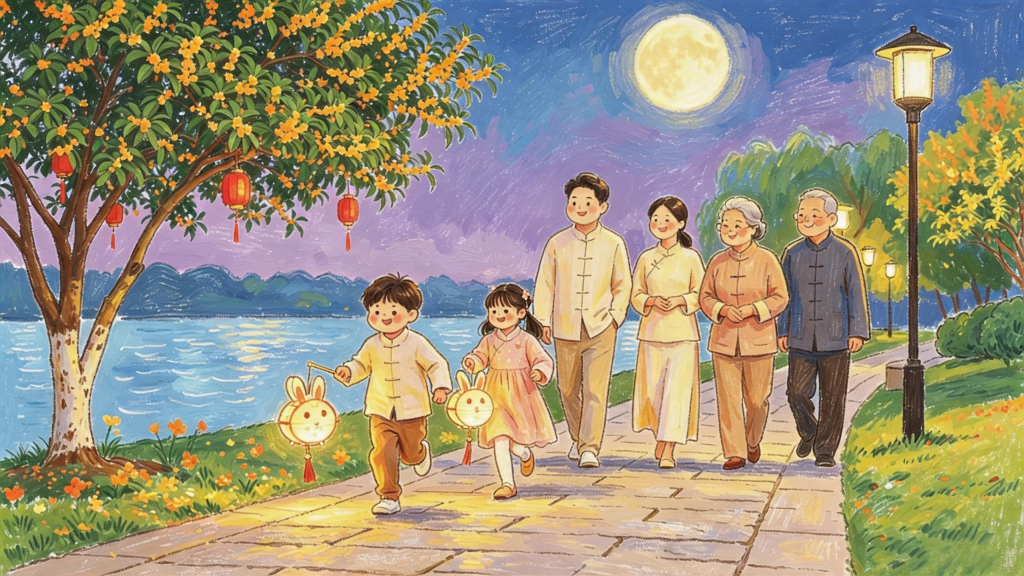 中秋家庭聚会儿童画人物插画