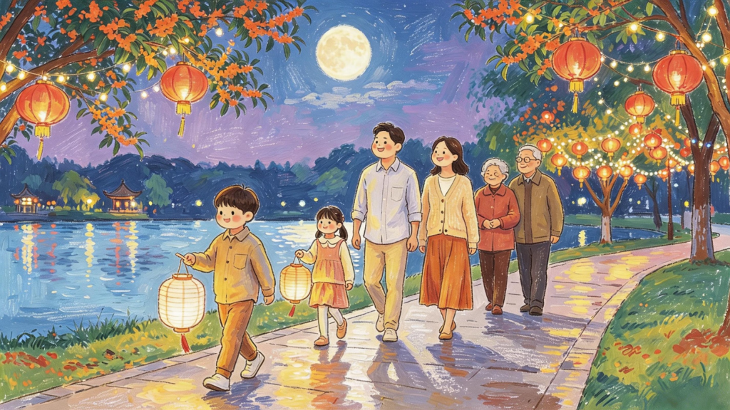 中秋灯会兔子灯中秋节市集亲子儿童人物插画