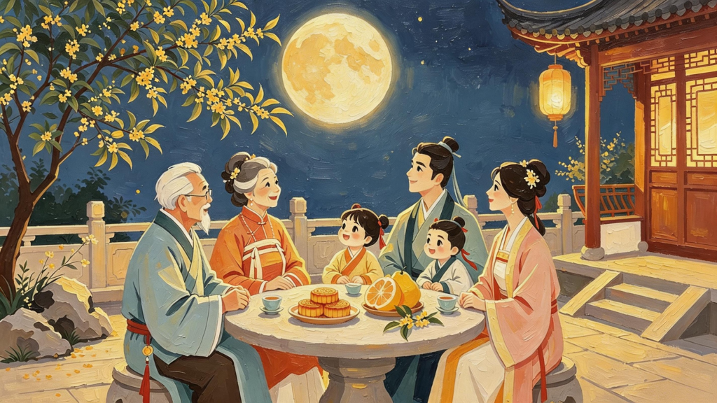 中秋家庭聚会儿童画人物插画