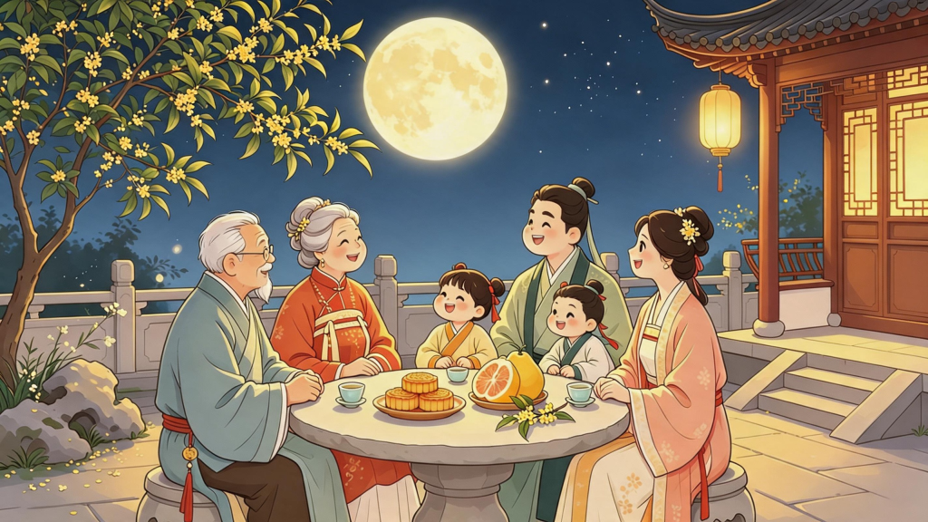 中秋家庭聚会儿童画人物插画